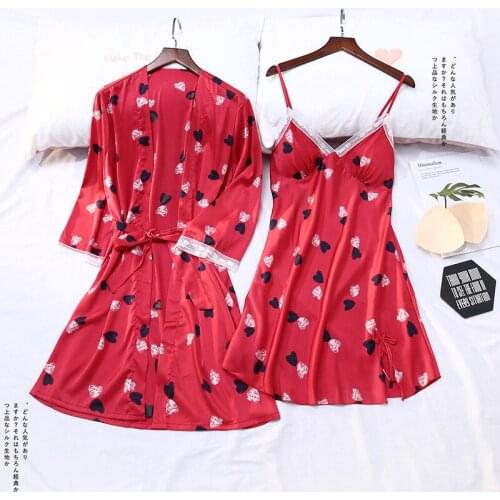Red Heart Print Kimono Robe Gown Suit Women Sweet Lace Sleepwear Spring Summer New Satin Home Dress Sexy V-Neck Chest Nightgown