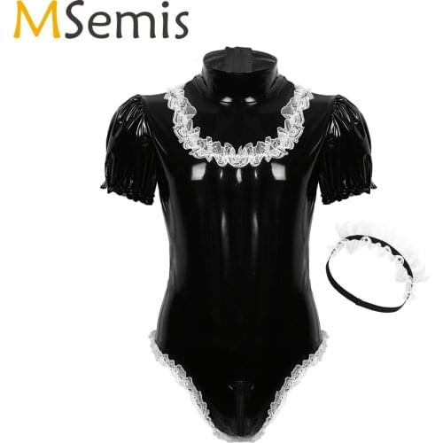 MSemis French Maid Uniform Costume Men Sissy Crossdresser Wet Look Patent Leather Short Puff Sleeve Thong Bodysuit Sexy Lingerie