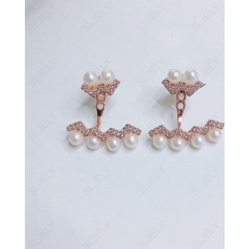 SLJELY New Fshion 925 Sterling Silver Rose Gold Color Zigzag Earrings with Pearl Pink Wave Cubic Zirconia Earrings for Women