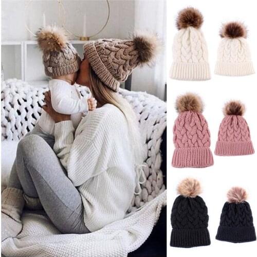 Mom And Kids Caps Winter Family Matching Beanie Hat Cap Knitted Hat Newborn Baby Knit Soild Cotton Blend Women Warm Matching Cap