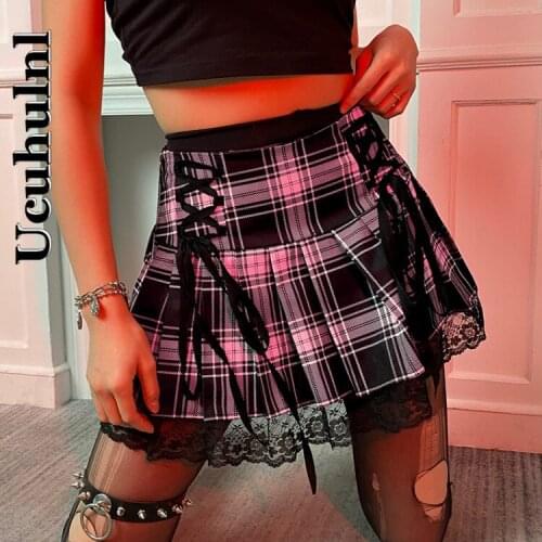 Ucuhulnl Y2K High Waist Skirt Goth Harajuku Cosplay Black Mini Skirt Punk E Girl Sexy Lace Bandage Plaid Skirts Club Party Wear
