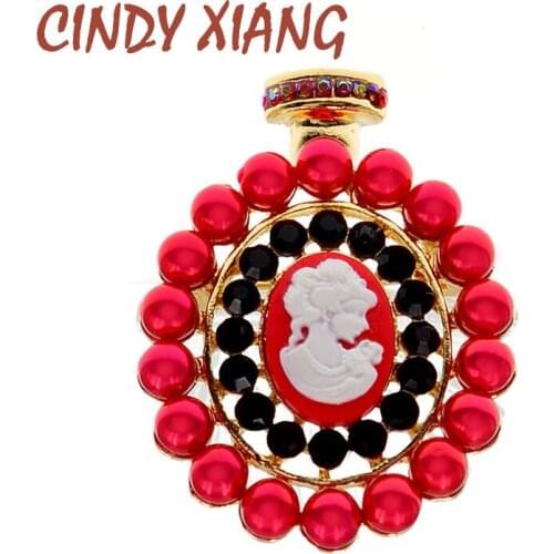 CINDY XIANG Red Enamel Girl Face Perfume-Bottle Brooch Pins For Women Fashion Party Wedding Red Beads Jewelry Badge Brooches
