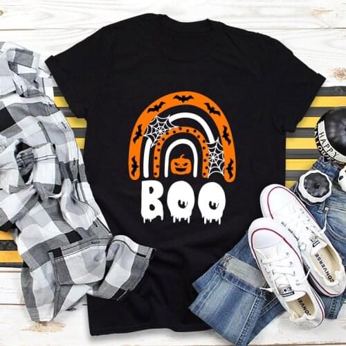 Rainbow Pumpkin Boo Colored T-shirt Spooky Autumn Halloween Party Tshirt Aesthetic Women Fall Holiday Gift Top Tee Shirt