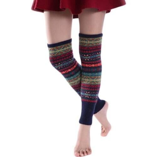 Women Bohemian Knitted Long Leg Warmers Cover Fluorescent Colorful Striped Thigh High Socks Stockings Boot Cuffs