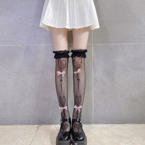 Korean Style Women Love Lollipop Long Socks Bow Lace Lolita Socks Japanese Mesh Jacquard Fish Net Knee Socks Over Knee Socks