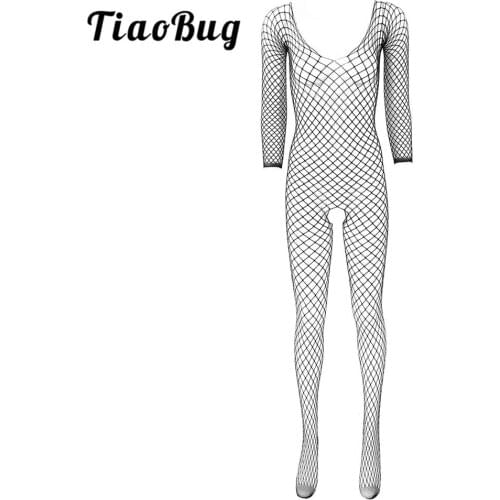Womens Fishnet Bodysuit Erotic Lingerie Long Sleeves Closed Toes Crotchless Teddies Stretchy Full Body Sexy Stockings Underwear