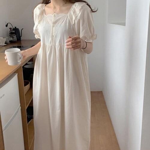 Ladies Sweet Sleepdress Square Collar Comfort Cotton Nightgown Solid Color Simple Style Household Women Summer Mid-Calf Dress