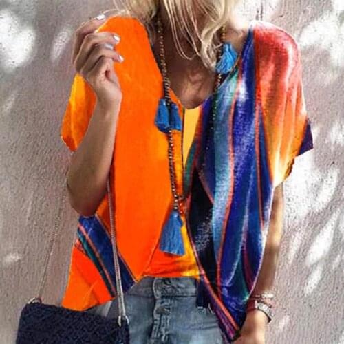 2021 Summer Contrasting Color Patchwork O Neck Short Sleeve Women T Shirt Casual Loose Plus Size Streetwear Ladies Tops