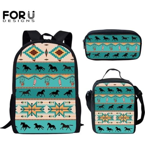 FORUDESIGNS 3pcs Set Backpack For Teenagers Tribal Aztec Horse Pattern Printing Boys Girls School Bags Daily Student Bookbags