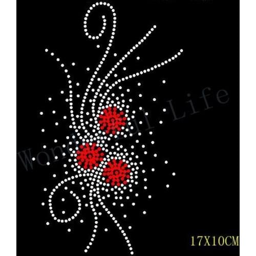 Free Shipping hotfix rhinestones nice red flower with dot design Heat transfer design iron on motifs DIY motif