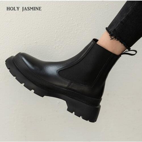 British Style Natural Leather Round Toe Thick Bottom Chelsea Boots High Street Fashion Young Lady Ankle Boots Women Boots 2021