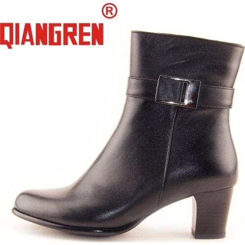 QIANGREN Brand Womens Autumn Winter High Heels Genuine Leather Wool Rubber Black Boots Ladies Madam Shoes Officer Botas Militar
