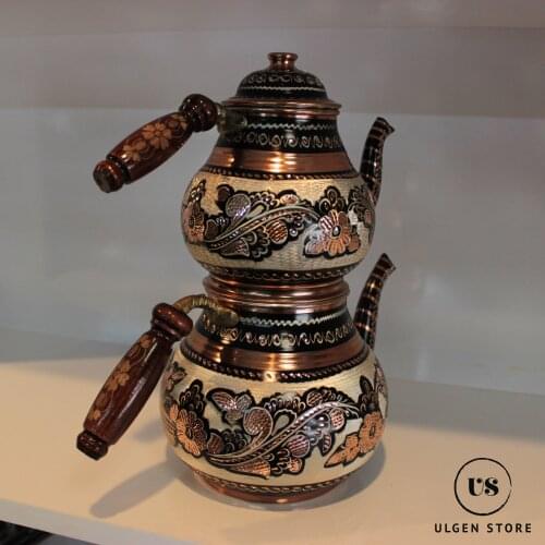 Tea Pot Kettle Traditional Copper Handmade Turkish Arabic Craftwork Authentic Samovar Kitchen Gift Authentic Made in Turkey