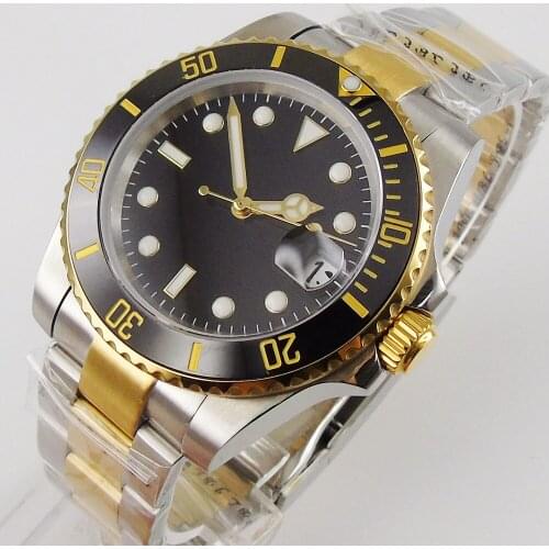 Black Luxury Men Watch 316L Steel Gold Plated Case 24 Jewels NH35 MIYOTA 8215 Brushed Oyster Strap Sapphire Crystal Screw Crown