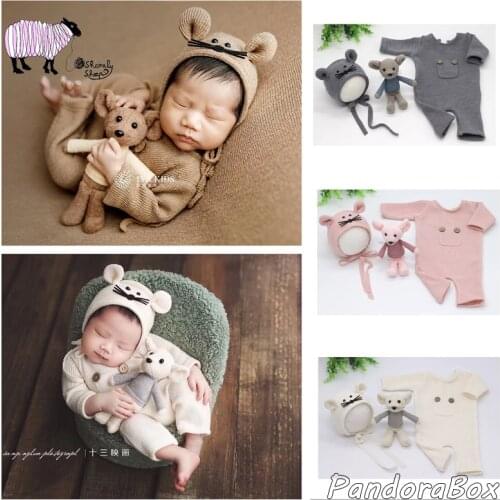 Newborn Photography Props Clothes Baby Boy Girl Cartoon Rompers+Hat+Doll Set Outfits fotoshooting Costume fotografia Accessories