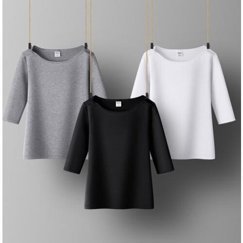 Cotton Women T-shirt Slash Neck Short Sleeve women shirt All match Lady Top Black White Gray Yellow Shir