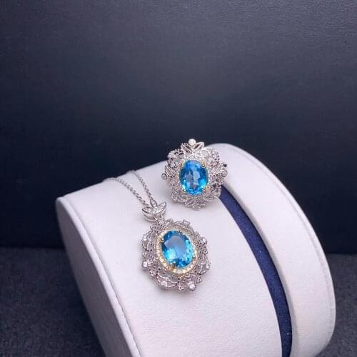 Graceful ocean blue Topaz ring and necklace real 925 silver jewelry set natural gem good color new designment girl birthday gift