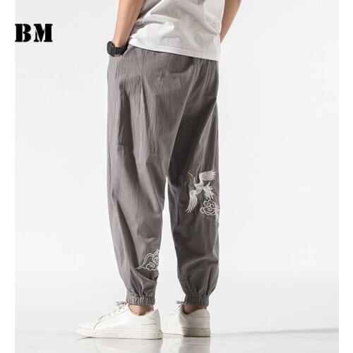 Chinese Style Summer Thin Crane Embroidery Casual Pants Loose Plus Size Harem Jogging Pants Harujuku Joggers Men Clothing