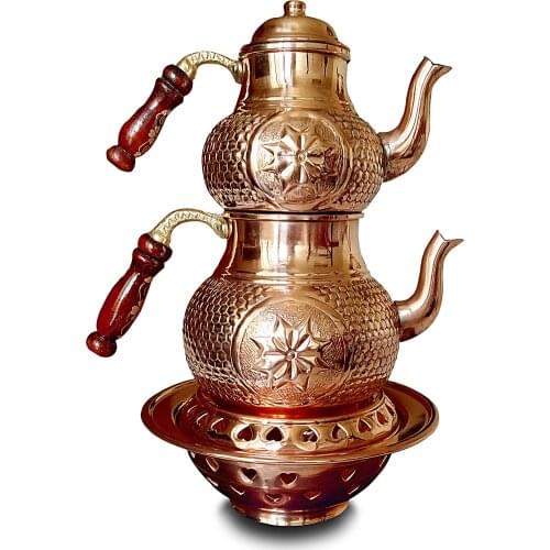 Handmade Copper Teapot with Ottoman Heater, Authentic Style Honeycomb Pattern, Samovar , Kettle , 3 Pieces