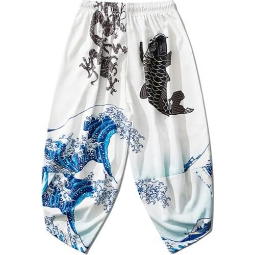 Men Japanese Kimono Traditional Casual Loose Wide Leg Pants Man Asian Clothes Harakuju Fish Dragon Waves Print Kimono Cardigan