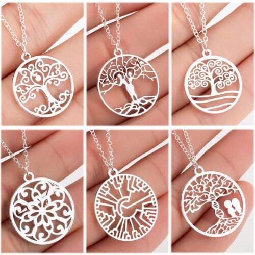 Stainless Steel Tree of life Gold Long Chain Necklace Women Men Circle Geometric Plant Pendants Necklaces Friendship Gift