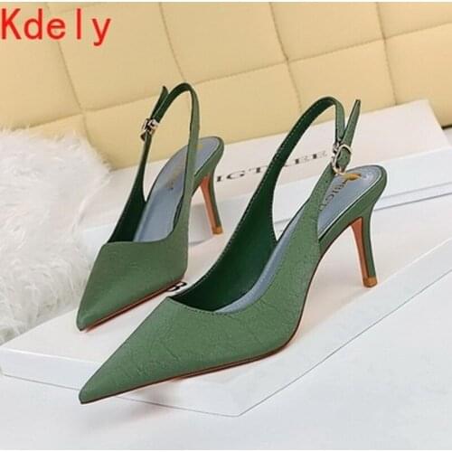 2021 NEW Spring/Autumn PU Thin Heels Pointed Toe Slingbacks Concise Shallow Party Buckle Strap White Black Size 35-43