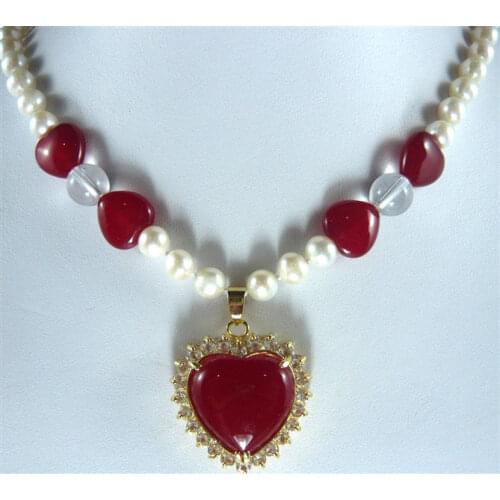 Natural Genuine 7-8MM Freshwater Pearl Necklace Red/Blue/Purple Heart-shaped Jades GP Pendant