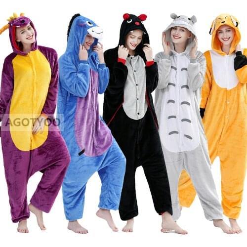 Adults Pajamas Pijamas Women Flannel Sleepwear Unisex Cute Unicorn Stitch Cartoon Animal Pajamas Sets Hooded Pyjamas