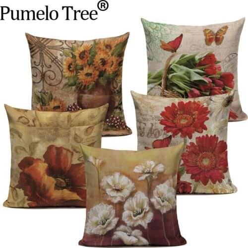 Realistic Oil Painting Style Retro Flower Cushion Cover Linen Cotton Pillow Case for Sofa Car Home Decoration Chair Gift Custom