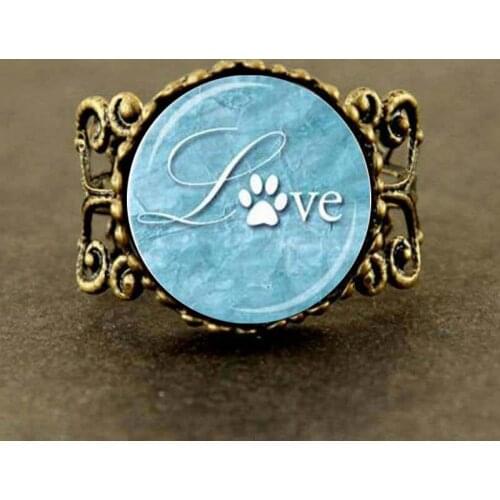 Steampunk LOVE PAW PRINT Ring Love Animals Ring Aqua Blue and White Paw Print Animal Lover Jewelry Gift