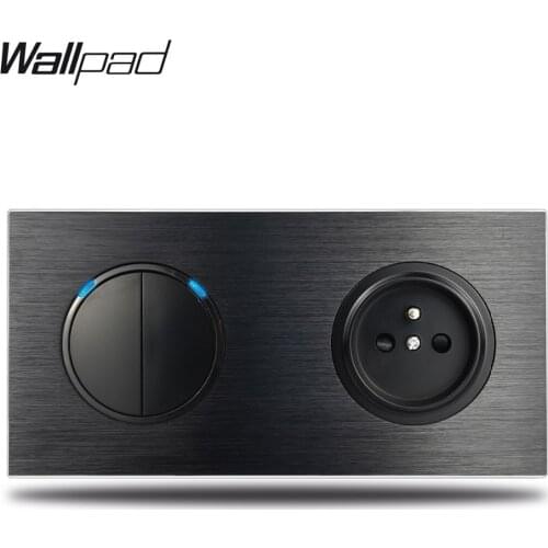 Wallpad L6 Black Aluminum 2 Gang 2 Way Switch with French Wall Electrical Power Socket Double Frame Dual Plate, 172 * 86 mm