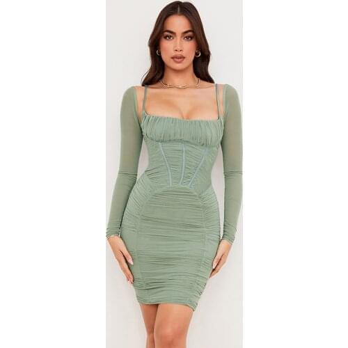 XLLAIS Fall Clothing Bodycon Dresses for Women 2021 Full Mesh Stitching Sleeves Mini Outfits Sexy Folds High Street Clothes