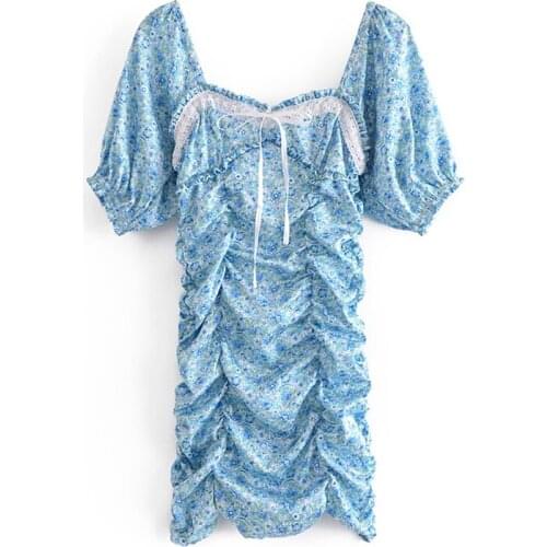 YENKYE New Fashion Women Blue Sweet Floral Print Draped Sexy Dress Female Puff Sleeve Bodycon Mini Party Dress Summer Short Robe