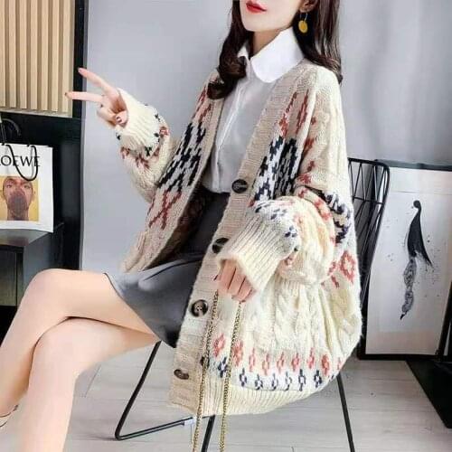 Jacquard cardigan women autumn and winter clothing 2021 new mid-length loose Korean v-neck long-sleeved knitted sweater