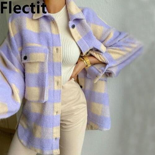 Flectit Check Overshirt Chic Pastel Purple Plaid Button Up Pocket Collared Oversized Shacket Womens Jackets & Coats