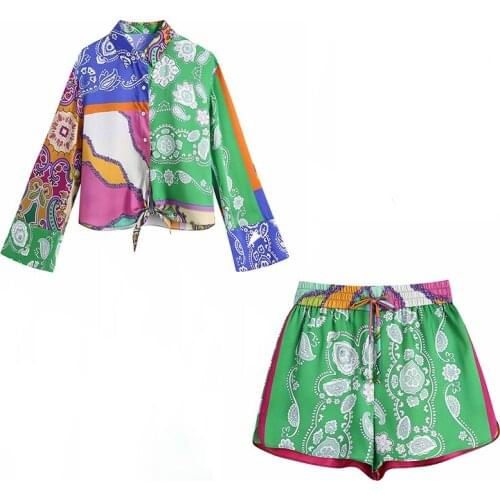 2021 Summer Fashion Vintage Paisley Long Sleeve Blouses Lapel Hem Lace-up Streetwear Button Up Shirts Tops