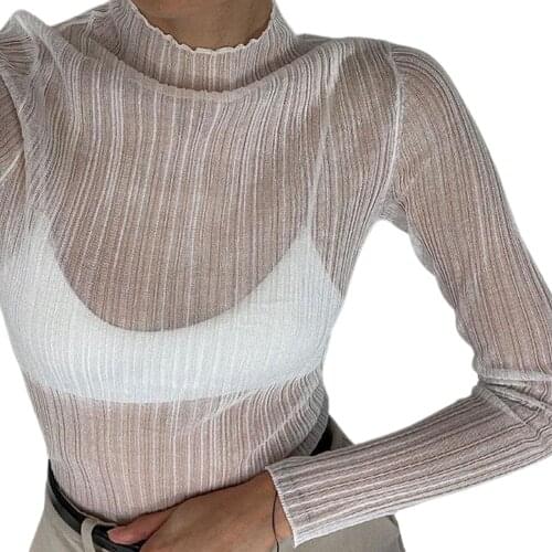 Women Sexy See-through Pullover White Solid Color Turtleneck Long Sleeve Tops, S/ M/ L
