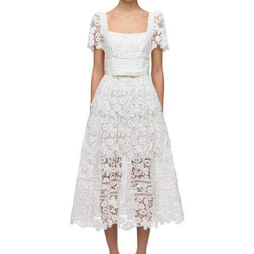 2021 New Arrive Hollow Out 3D Floral White Dress High Quality Square Collor Short Sleeve Women Lace Midi Dress