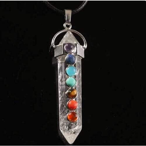 100-Unique 1 Pcs Silver Plated Natural Rock Crystal Hexagon Prism inlay 7 Stone Beads Chakra Pendant Meditation Jewelry