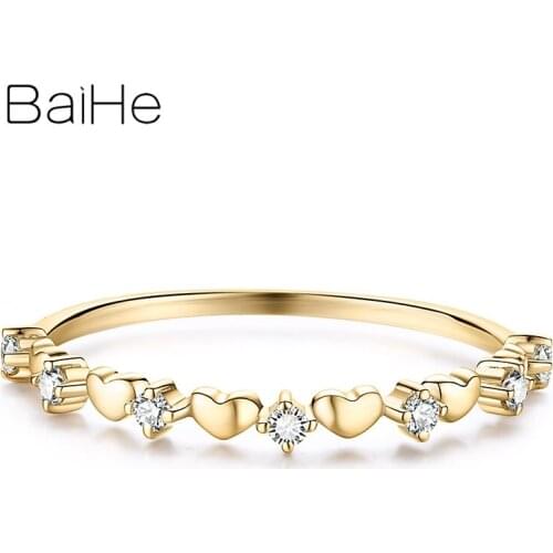 BAIHE Solid 18K Yellow Gold 0.10ct H/SI Round Natural Diamonds Engagement Wedding Women Trendy Fine Jewelry Heart Diamond Ring