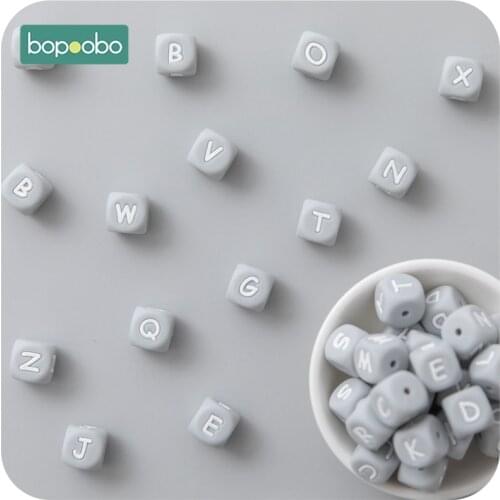 Bopoobo 10pcs Letter Silicone Beads 12mm Grey Silicone Beads Baby Teething Food Grade Silicone BPA Free Gift For Newborn