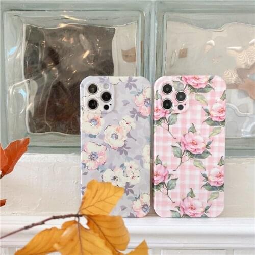 Retro sweet plaid Sakura white flowers painting Phone Case For iPhone 12 11 Pro Max Xr Xs Max 7 8 Plus X 7Plus case Cute Cover