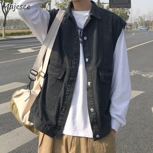 Denim Jackets Men Solid Sleeveless Coats Oversize Single Breasted All-match Design Teen Stylish Ulzzang Chic Outwear Male Jacket
