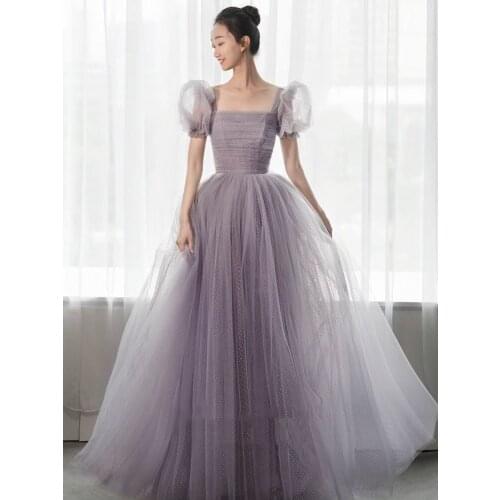 Elegant Square Collar Puff Sleeve Evening Dress Big Bowknot Sexy Backless Slim Ball Gown Host Performance Dress For Women