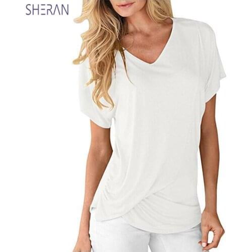 Tee Shirt Femme 2018 Summer Tops V neck Short Sleeve Casual Loose Pleated T Shirt Women Plus Size Cotton Tshirt Ladies Groot