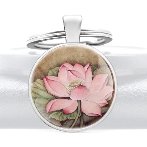 Classic Chinese Art Lotus Flower Glass Cabochon Key Chain Charm Men Women Jewelry Key Rings