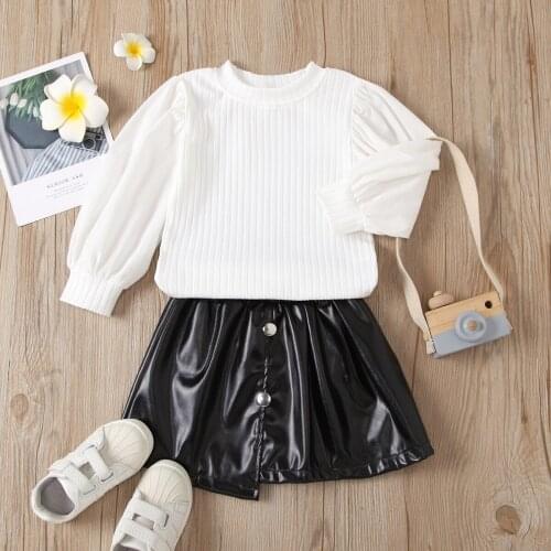 Baby Girls Clothing Set Long Sleeve Sweater White Tops and Black Leather Skirts Two Piece Children Spring Warm Outfit Size 2T-6