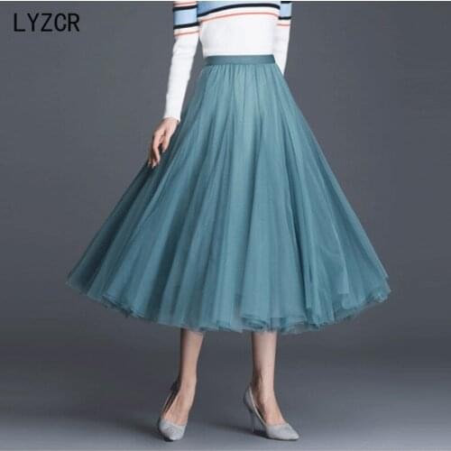 LYZCR Summer Tulle Pleated Skirt Women Midi Long Black Womens Mesh Skirts A Line Black Beach Tulle Skirt For Women New 2021