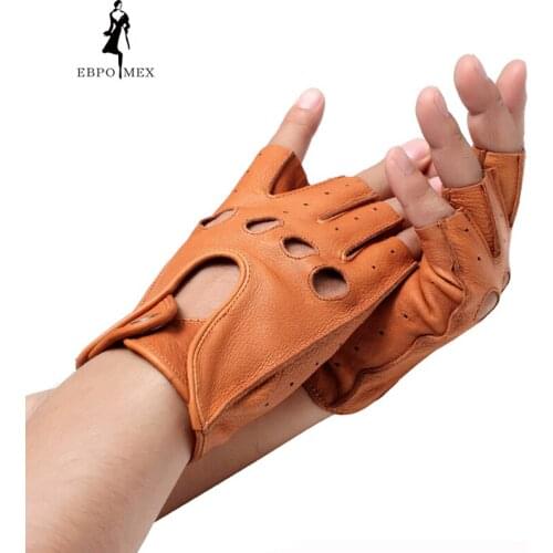 Fashion leather gloves men,black sheepskin male leather gloves,Punk style fingerless leather gloves,Hollow design