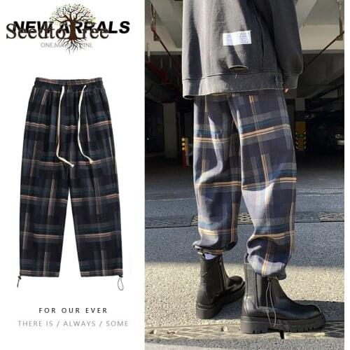 Mens Casual Pants Korean Fashion Pants Loose Feet Chic Trend Retro Plaid Pants Straight Overalls